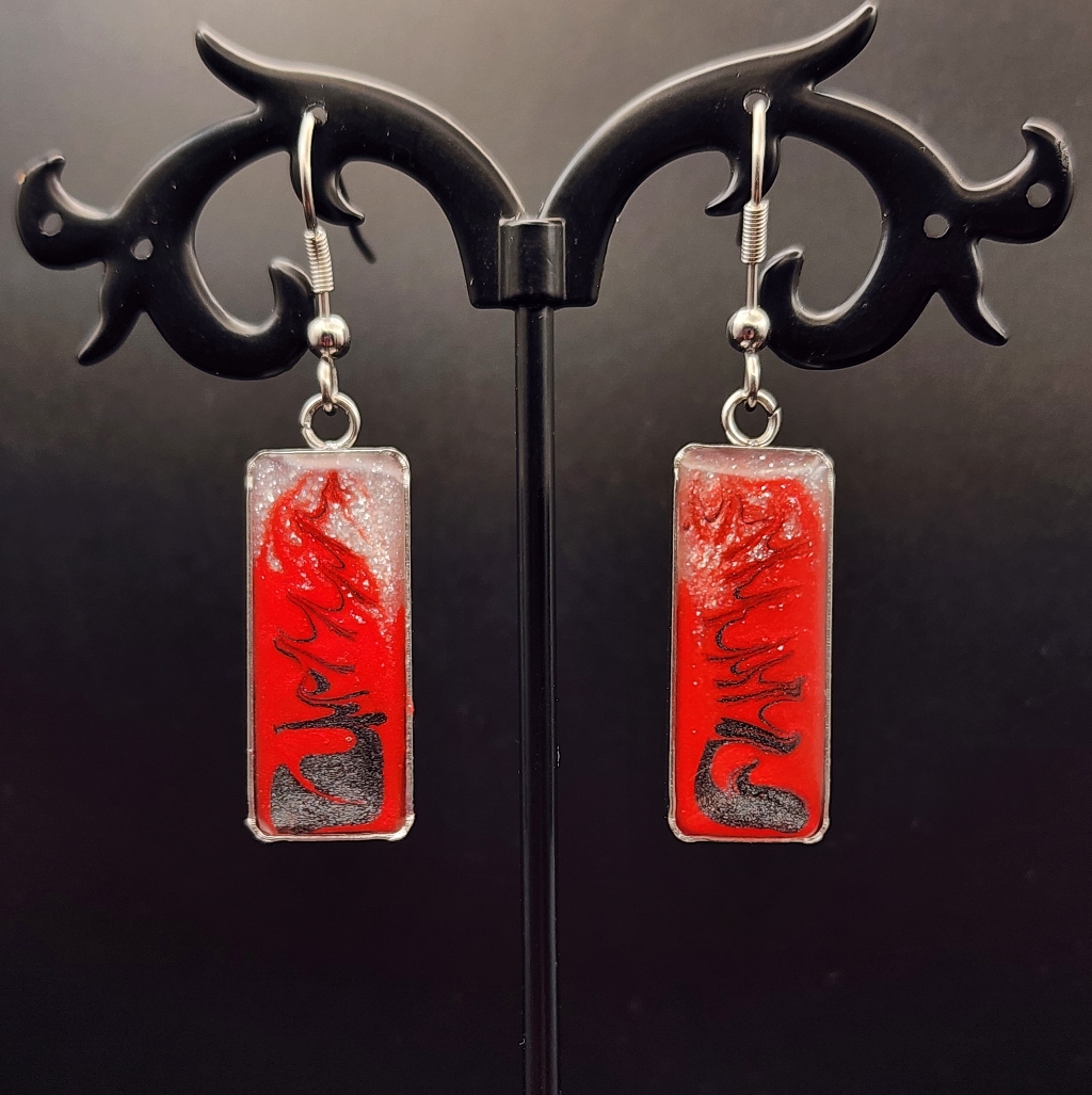 Red And Silver Rectangular Earrings